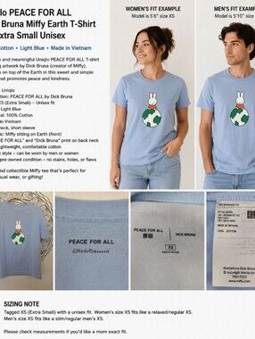 Uniqlo x Dick Bruna Miffy PEACE FOR ALL Earth Graphic T-Shirt Blue XS Unisex